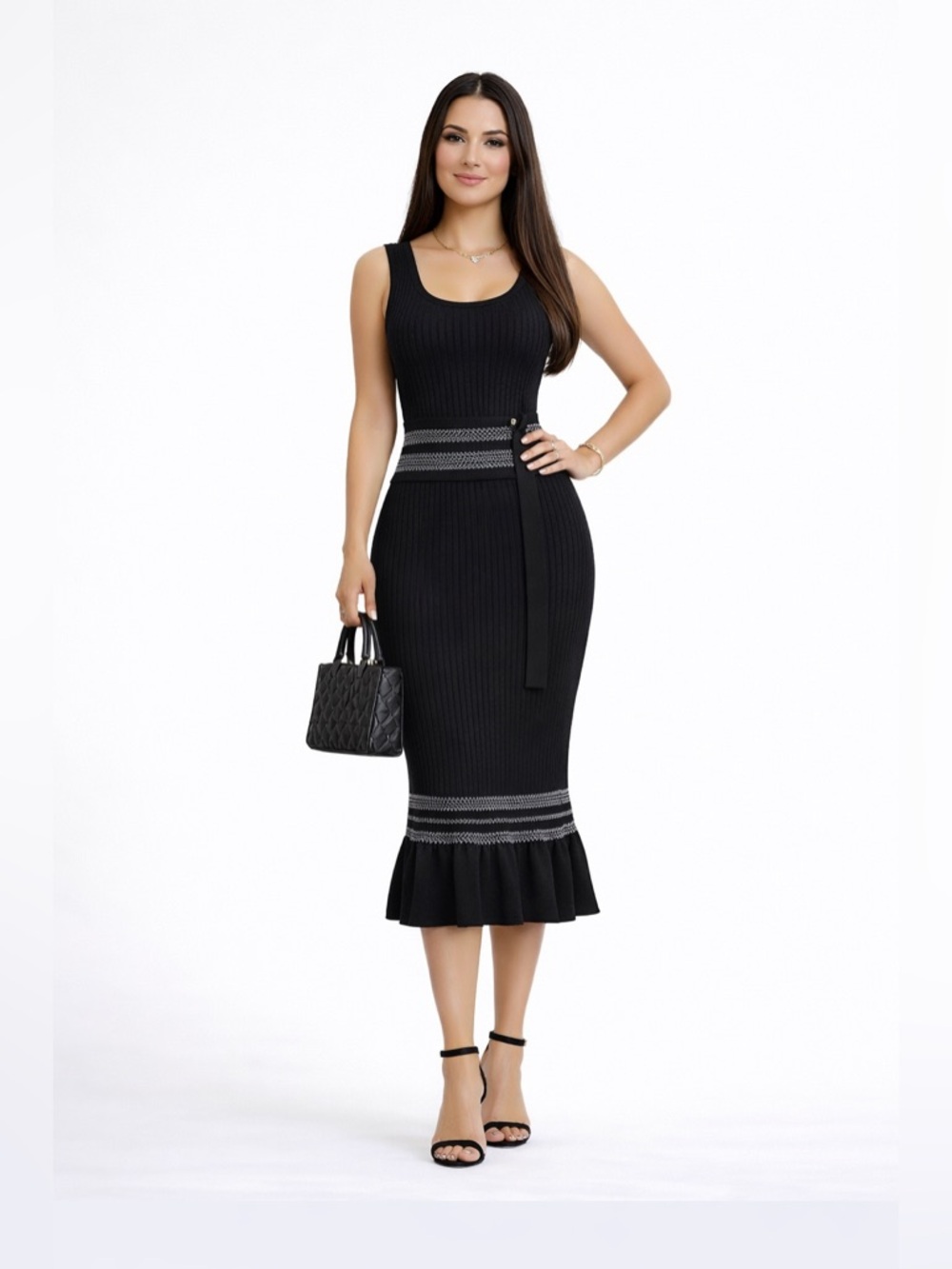 Black Ribbed Knit Tank Dress with Contrast Trim - Women S